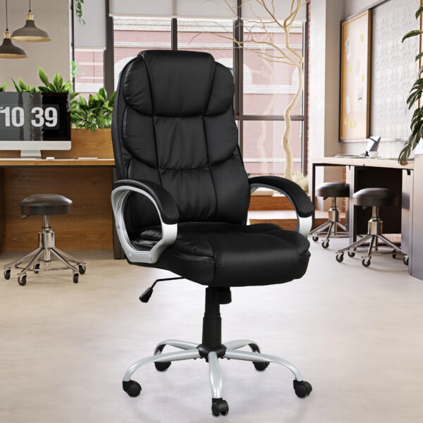 Faux Leather Height Adjustable Swivel Computer Office Chair in Black/Chrome with Padded Arms