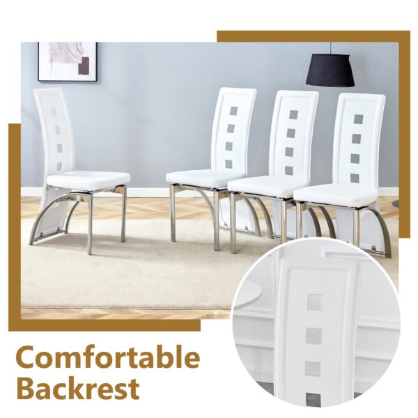 3230b8a0ba8b41c6a628decb3070fedb_569f595da83d2b4871852a8d404076c0 Table and chair set.63"*35.4" White Imitation Marble Pattern MDF Dining Table Set - 4 PU Chair With White Saddleback, Geometric Pattern Backrest,Silver Curved Metal Leg.Suitable For Various Scenes.