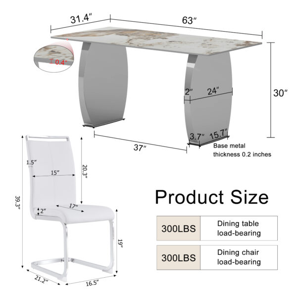 323eb11ad66f46a7a9061e71e4fbbb41_b411962be84fbde66945358a5f62632d Table and chair set.63*31.4 Inch Pandora Patterned Sintered Stone Dining Table Set - 4 White PU Chairs With Silver Metal Legs.Modern Light Luxury.Perfect For Dinner Room,Meeting Room,Kitchen,etc.
