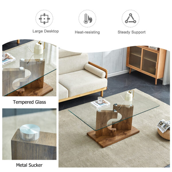 324972f1636c411e896841dcc09a83bf_20240204_90bd50a1b1ef678fe55ef54eb64ec271 A rectangular modern and fashionable coffee table with tempered glass tabletop and wooden color MDF legs. Suitable for living room.47.2"*25.5"*18"