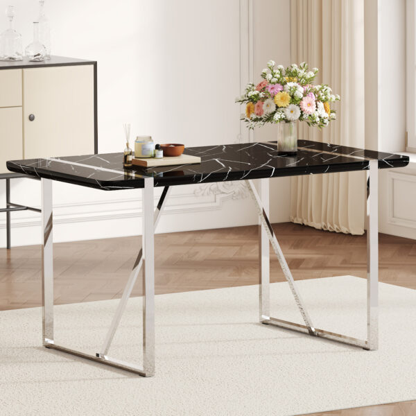 325f6154832b4f0d922bad16cb0150a4_6be8a1302e0099e3dd45998e1e3dc479 A rustic industrial rectangular MDF black dining table for 4-6 people, with a 1.5 "thick MDF desktop and electroplated metal legs, used for writing tables, kitchens, terraces, dining rooms55"*31.5*30