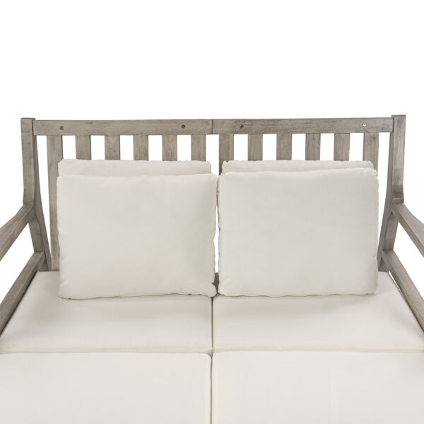 TREXM Outdoor Daybed, Patio Daybed with Four Pillows, Wooden Outdoor Bed with Curved Armrests for Poolside, Backyard, Garden (Gray+Beige Cushion)