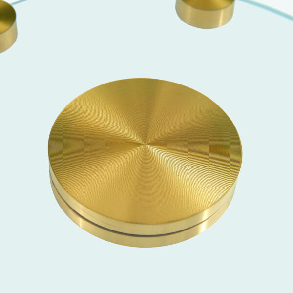 32975e4edc894659b72ef311ee02c9af_f50ac2cdc41c436d0aeff62d6ec196c0 Double layer rotatable round glass.Golden aluminum plate,The rotatable design makes it convenient to retrieve and place items.The upper glass has a diameter of 20 inches,the lower glass15 inches.