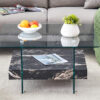 31.4 Inch Modern Two-Tier Square Coffee Table - An Elegant Combination of Clear Glass and Black Marble Pattern Sticker.It can be used as a coffee table,a side table or a display stand.