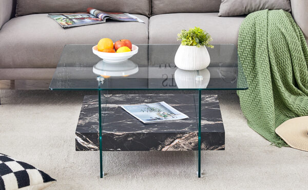 329f025afb5544e4be9f1b6c210535ae_044440ec8b27632005f0007a4103c96e 31.4 Inch Modern Two-Tier Square Coffee Table - An Elegant Combination of Clear Glass and Black Marble Pattern Sticker.It can be used as a coffee table,a side table or a display stand.