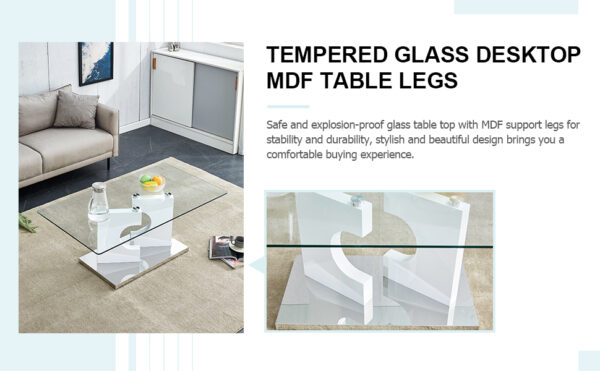 32c916a2b625496c829f576fbbd89f68_20240204_b85dec95af48aae619e6693f2df6236d A rectangular modern and fashionable coffee table with tempered glass tabletop and white MDF legs. Suitable for living room.47.2"*25.5"*18"