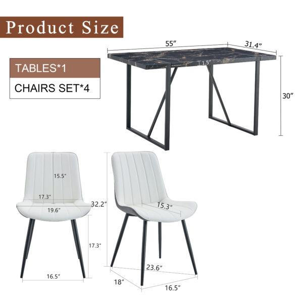 32c96c687d6e4708a9d98aa3ec0d0155_8d472ff4d20e3c66b8674e3cb3467a2e Table and chair set.Modern Black Marble Pattern MDF Dining Table Set-55"x31.4" with 4 Extended Seat Cushion PU Dining Chairs.White and Dark Gray Splicing Colors Cushion.Iron Pipe Spraying Chair Legs.
