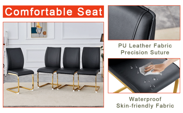 32e0b04186334d659320fa8efeba5c54_b757ad3b922bc29c29b437e8dd527650 Table and chair set.Subtle Luxury Tempered Glass Dining Set - 63"x35.4" with 6 Black PU Material High Resilience Dining Chairs.Arched Metal Gold Leg.White imitation marble texture sticker Tabletop.