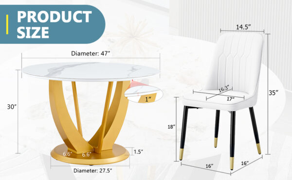 32e51faacb174694b1b1f346fe477b61_de209d8929ef66310cb9994297bf36b0 Table and chair set.Luxurious Snow Mountain White Slab Round Dining Table Set - 47"x47" with 6 White PU Chairs.Sintered Stone Tabletop,MDF Table Leg,