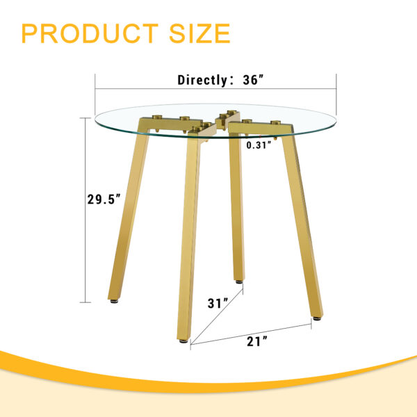 3311ad13b7da4a90962b13391a16be21_a1488d46fe98a7a538c807f671f72656 Modern Luxurious Round Tempered Glass Dining Table with Gold 7-Shaped Metal Legs,suitable for family meals, office conferences, or as a casual coffee table for various occasions.36*36*29.5