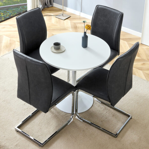 3318df6dd2af4102b7c48aea0a096c94_34b7cf274feec58b3adc49d0bbddc1a3 Table and chair set.Hourglass-Shaped Stable Small Round Table -31.9" * 31.9" With 4 Soft and Comfortable Dark Gray PU Chair With Arched Metal Silver Leg.Create Your Exclusive Low-Key Luxury Space.
