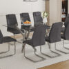 Table and chair set.71''*35.4'' Inch Modern Luxurious Transparent Tempered Glass Dining Table Set with 8 Chairs.Double Fork Silver Metal Table Legs.Dark Gray High-quality PU Dining Chairs.