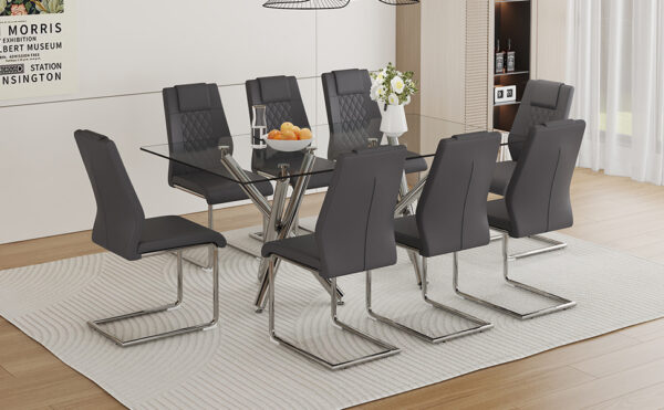 33292c9625d041cfa61146e08c3601af_b241cf2d31f0b16fcff80db88bbec197 Table and chair set.71''*35.4'' Inch Modern Luxurious Transparent Tempered Glass Dining Table Set with 8 Chairs.Double Fork Silver Metal Table Legs.Dark Gray High-quality PU Dining Chairs.