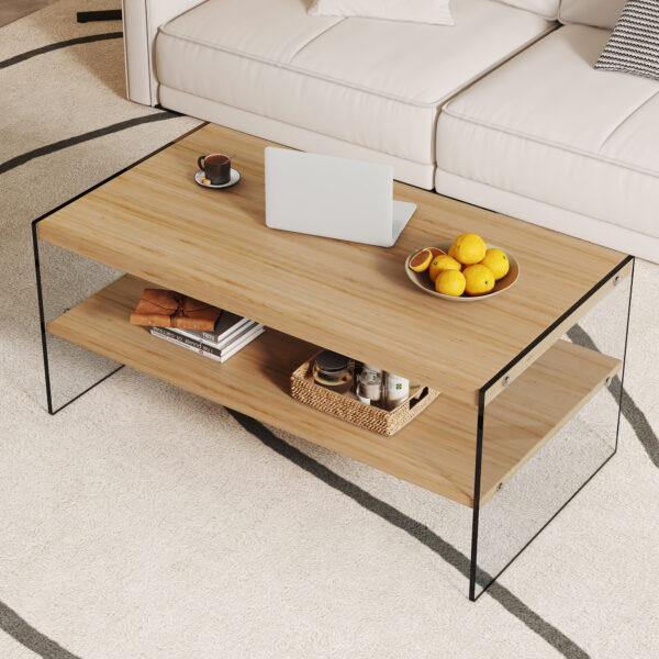 Double layered rectangular coffee table.The board is made of MDF with wooden stickers, with transparent tempered glass on both side.Suitable for various occasions such as living rooms and bedrooms.