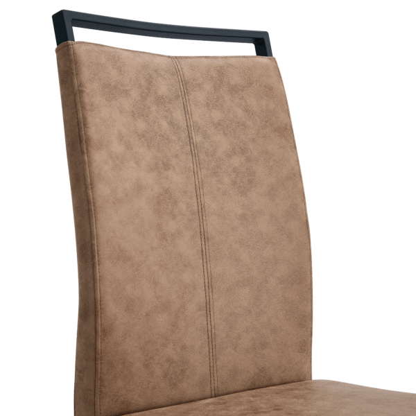 Table and chair set.A retro rectangular dining table with a wood color fishbone textured top and black metal legs.Paired With 6 Brown technology fabric chairs with Featuring arched black legs.