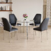 Table and chair set.Modern circular transparent tempered glass table, tempered glass tabletop, silver metal table legs.A Set of 4 Black PU Comfort Dining Chairs with extended backrest.