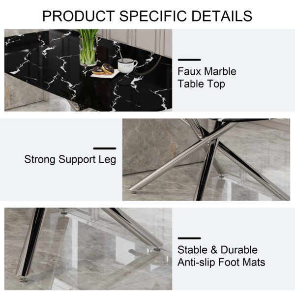 336c98043f4d4c48bdb11bd336baf538_cf7465cb66652e1b83ec2828e783d6a3 Large modern minimalist rectangular dining table with 0.39 "imitation marble black tabletop and silver metal legs, suitable for kitchen, dining room, living room, conference room.W1151S00985