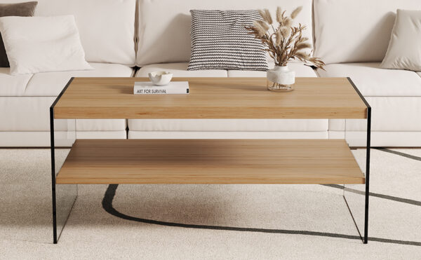 Double layered rectangular coffee table.The board is made of MDF with wooden stickers, with transparent tempered glass on both side.Suitable for various occasions such as living rooms and bedrooms.