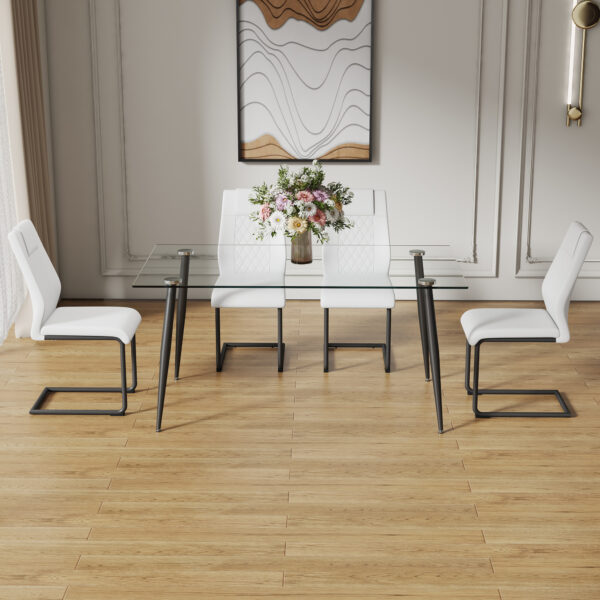 Modern minimalist rectangular transparent tempered glass dining table, 0.4 inches thick, black metal legs, suitable for kitchen, dining room, and living room 63 "* 35.4" * 30 " DT-1544