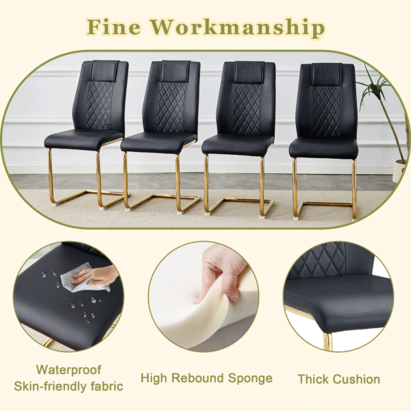 33cc9077733f4fed9bf10bda754e306e_6bca06e280d7e06c3daebc7bb6dcc002 A modern minimalist style round transparent tempered glass table with gold metal legs, paired with 4 modern PU leather high-back dining chairs, bring a luxurious experience.
