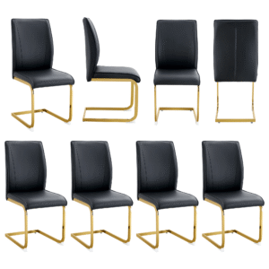 Luxury Simple Arch Chair - Set of 8 BLACK PU Material High Resilience Dining Chair with Arched Metal Gold Leg.Packed In Two Boxes.