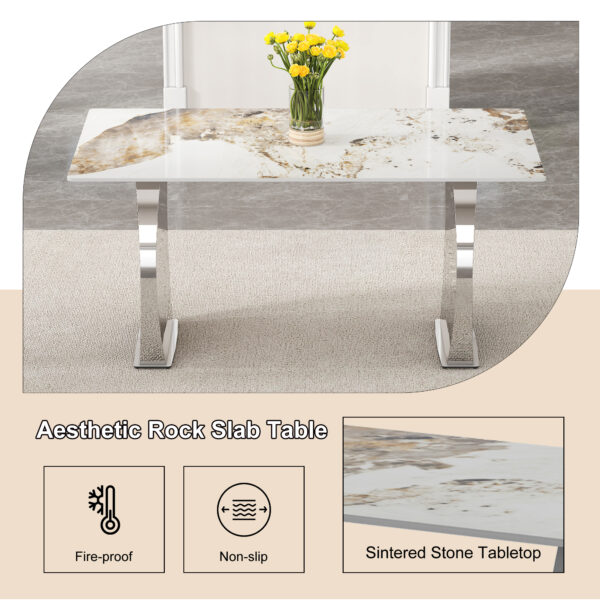 33ff83d6fbda4d7a9ac28e0c1b1dfc8f_e77627e4b734c3337c9eaf9df5e9ffba Table and chair set.63*31.4 Inch Pandora Patterned Sintered Stone Dining Table Set - 4 White PU Chairs With Silver Metal Legs.Modern Light Luxury.Perfect For Dinner Room,Meeting Room,Kitchen,etc.