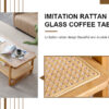 Modern simple rectangle double-layer solid wood Glass desktop tea table rattan woven Chinese side table small rectangle table suitable for living room, dining room and bedroom