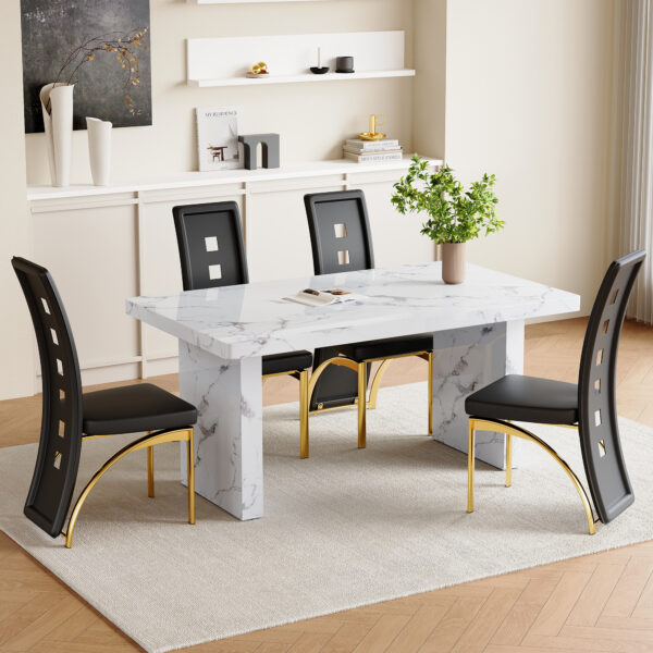 3401bc4b98934d6d995411084f8df3e6_31a235eb7ff9214db98c65e155c7b207 Table and chair set.63"*35.4" White Imitation Marble Pattern MDF Dining Table Set - 4 PU Chair With Black Saddleback, Geometric Pattern Backrest,Golen Curved Metal Leg..Suitable For Various Scenes.