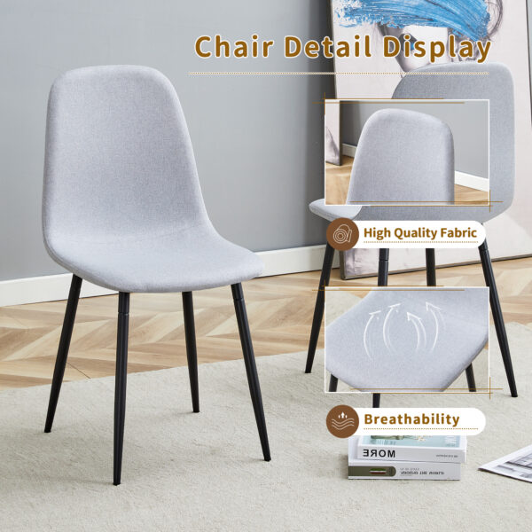 3404c8dada80439090d75c889063a5dd_e848fcb509c12fcac3a4ed8d5701efd0 Table and chair set.79"x31.5" with X-shaped Black Metal Table Legs,Wood Grain Textured MDF Crossbeam.Paired With 8 Chairs Made Of Light Gray Lnen Fabric.Iron pipe spraying Legs.