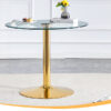 A 35-inch diameter glass top and a modern, minimalist round dining table with gold metal legs. Ideal for dining rooms, living rooms and meeting rooms.