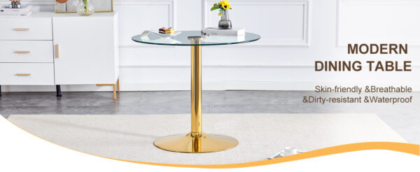 3406a12606e94796aa134b5cd079e74d_ef6563b6b64463deae789f181ec9d30d A 35-inch diameter glass top and a modern, minimalist round dining table with gold metal legs. Ideal for dining rooms, living rooms and meeting rooms.