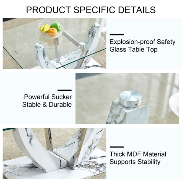 3426ce4b2862482f8d9222f26d19cae0_20240206_546d069d25094132ea48086cecf74ad4 Modern minimalist transparent tempered glass coffee table with marble patterned MDF legs and stainless steel decorative columns. Computer desk. Game table. CT-907