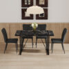 Table and chair set.Modern Black Marble Pattern MDF Dining Set - 55"x31.4"with 4 Black PU chairs with a vertical stripe design on the backrest and black metal legs.Suitable for kitchen,Dining room,etc