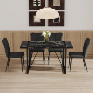Table and chair set.Modern Black Marble Pattern MDF Dining Set - 55"x31.4"with 4 Black PU chairs with a vertical stripe design on the backrest and black metal legs.Suitable for kitchen,Dining room,etc