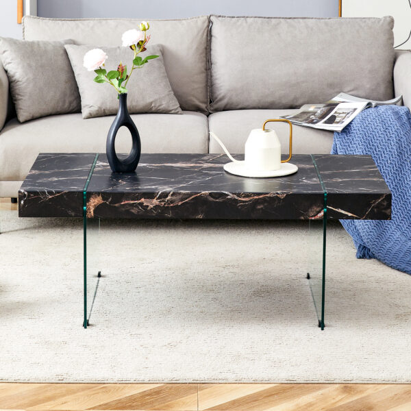 34681b9c33ea46a9b6935b2f6be76164_db36399d2dfc2690af2e19ce9985b312 43.3"x23.6" Black Marble-Patterned MDF Coffee Table with Tempered glass legs.Suitable for Living Room.It can be used not only as a coffee table but also as a side table or display stand.