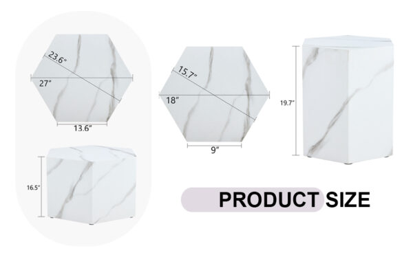 347ffd042fc343d6a3c88967cc904e33_e2634a57b76c0f3cd8de2eda884d4db7 Modern minimalist style hexagonal white marble patterned MDF coffee table set (two-piece set) .Complex texture patterns, style and texture coffee table to redefine your interior decoration.