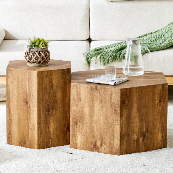 348d01ba08d54d80b1c60aea02c5b7da_e9f4797efdb1dd89582c37a6073c9764 Modern Minimalist Set of Two Hexagonal Wood-Grain MDF Coffee Tables.Modern MDF coffee table, with complex texture patterns, style and texture coffee table to redefine your interior decoration.