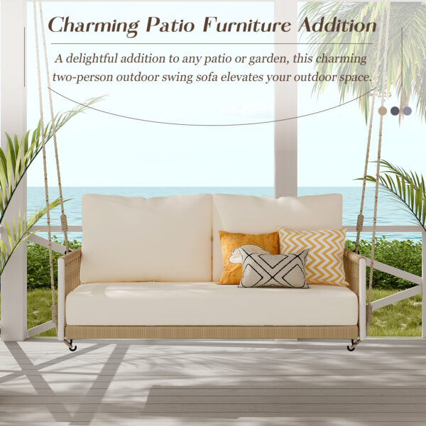 TREXM 1-Piece Woven Rope Outdoor Swing Sofa with Soft Cushions Seating 2 for Patio, Courtyard and Balcony (Beige)