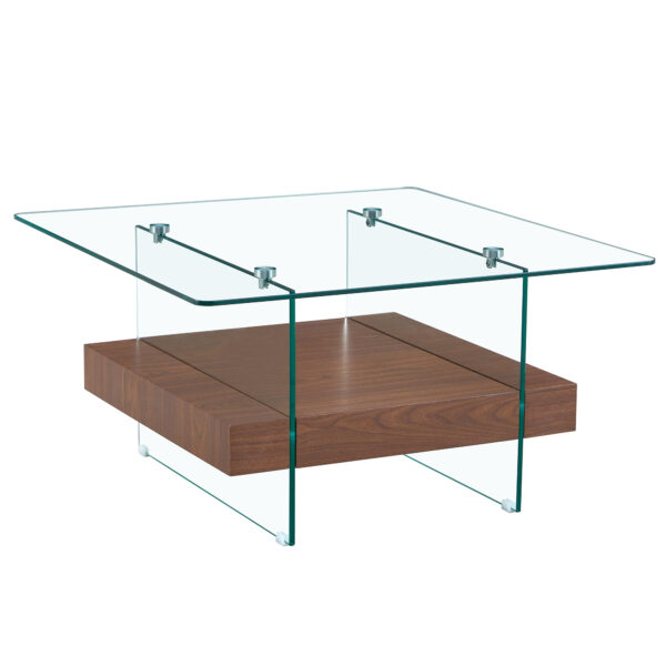34d8a3a79e314ff58a30bf011cf70751_3bae3dfc30561222f39960ef15668aa4 31.4 Inch Modern Two-Tier Square Coffee Table - An Elegant Combination of Clear Glass and Dark Wood Texture Sticker It can be used not only as a coffee table but also as a side table or display stand.