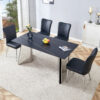 Table and chair set.63"x31.5x30" Black Marble-Patterned Slabs Tabletop with Stainless Steel Butterfly Legs.Paired with 4 Black PU dining chairs with a vertical stripe design on the backrest.
