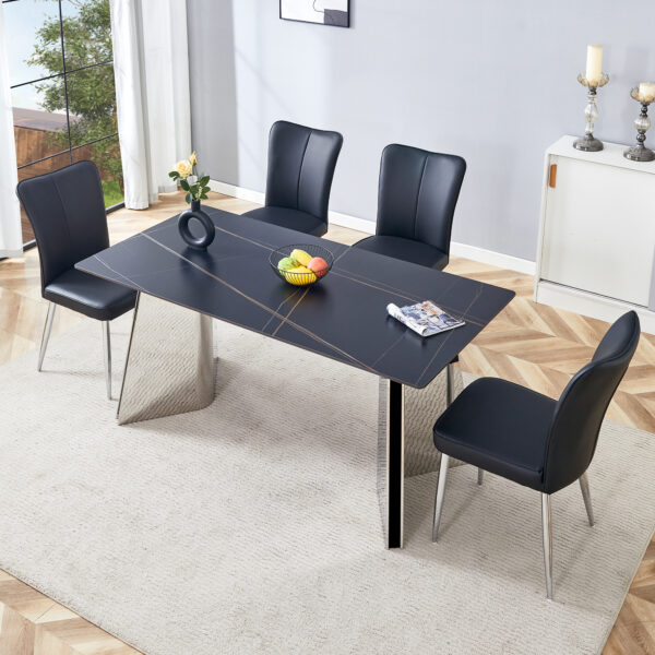 34f8bce9e9d64d9a9451e798fcb3ec1c_24e328645c864bdbd9ebfc7cd8ac49ef Table and chair set.63"x31.5x30" Black Marble-Patterned Slabs Tabletop with Stainless Steel Butterfly Legs.Paired with 4 Black PU dining chairs with a vertical stripe design on the backrest.