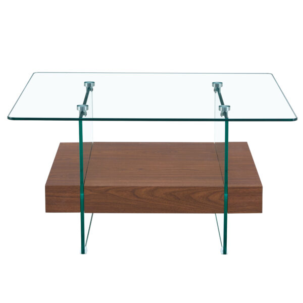 34febd2bb6ed46b6b2ca66a16ea32e97_10201c8dd6842d34e0afe7c2be35d391 31.4 Inch Modern Two-Tier Square Coffee Table - An Elegant Combination of Clear Glass and Dark Wood Texture Sticker It can be used not only as a coffee table but also as a side table or display stand.
