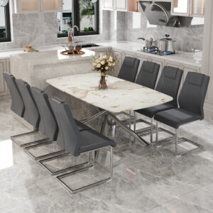 Table and chair set.Modern Luxurious white Marble-Patterned Tempered Glass Dining Table with 8 Chairs.Single fork silver metal table legs.Dark Gray PU dining chairs with silver metal legs.