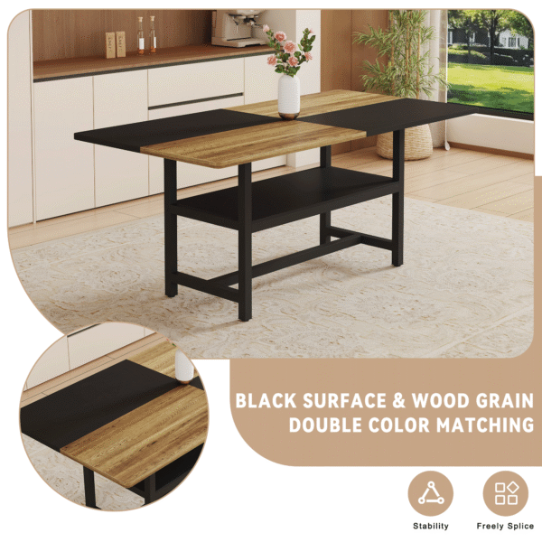 Table and chair set.71*35.4 inch Wooden And Black Spliced Dining Table With Storage Function In The Middle Of The Table Legs.Paired With 8 Chairs Made Of Dark Gray Lnen Fabric.Iron pipe spraying Legs.