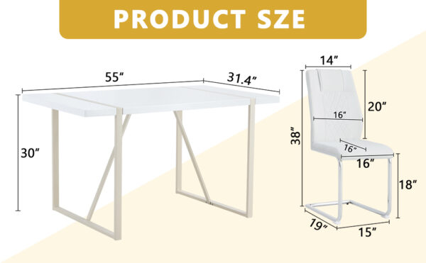 35589e874cf44fa782f54f3bfd6387fd_1c05878a33c3d14e2cabb75e9164b247 Table and chair set.55"x31.4" Cream-Style White MDF Dining Table Set with 6 White Chairs With Silver Metal Legs.MDF Tabletop and metal frame legs.Adding a warm and gentle atmosphere to your family.