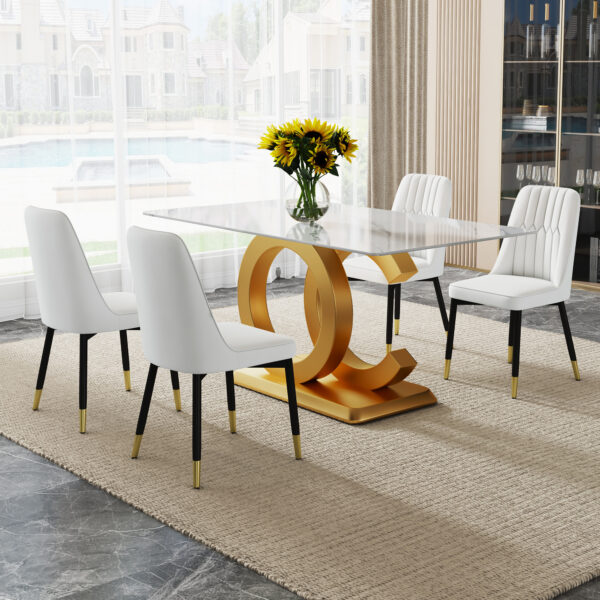 355e5b9b81e24cd39c99274da93280ca_20240306_1e81f8c8609549e5c0c864b25401d0d6 A large modern minimalist rectangular dining table suitable for 6-8 people, A set of 4-piece PU leather backrest and black metal legs modern dining chairs. F-OC C-007