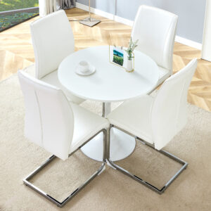Table and chair set.Hourglass-Shaped Stable Small Round Table -31.9" * 31.9" With 4 Soft and Comfortable White PU Chair With Arched Metal Silver Leg.Create Your Exclusive Low-Key Luxury Space.
