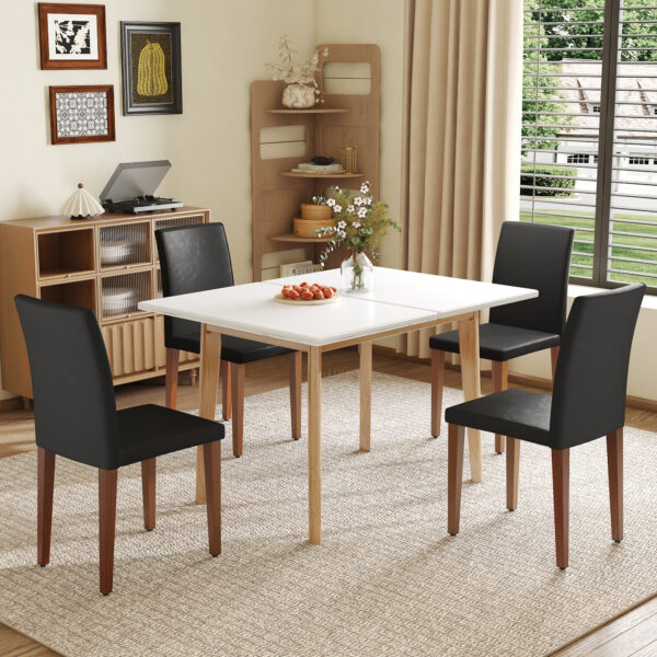 35cb71daa9d4428ebcdfaec1f2c57dd8_57ec31214817bb1c233e831835fac1f4 Table and chair set. White Sintered Stone Tabletop, Rubberwood Legs,Foldable Computer Desk, Foldable Desk.Paried With 4 Black PU Dining Chairs with Walnut Color Metal Leg.