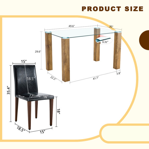 Table and chair set.A 49.6*30 Inch Transparent Tempered Glass Dining Table With Natural Wood Grain MDF Legs.Paired With 4 Black PU High Resilience Dining Chair with Walnut Color Metal Leg.