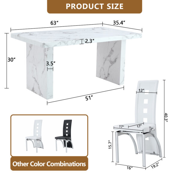 35eb2b7fbeb54f57860c4ad6cb9b9f1f_1e6df75075e715bf7e98ea2a7148fbaf Table and chair set.63"*35.4" White Imitation Marble Pattern MDF Dining Table Set - 6 PU Chair With White Saddleback, Geometric Pattern Backrest,Silver Curved Metal Leg.Suitable For Various Scenes.